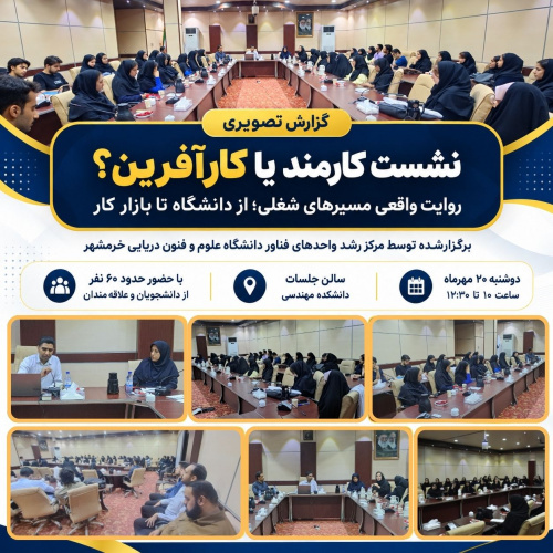 نشست آموزشی «کارمند یا کارآفرین؟؛ روایت واقعی مسیرهای شغلی از دانشگاه تا بازار کار» به همت مرکز رشد واحدهای فناور دانشگاه علوم و فنون دریایی خرمشهر با حضور حدود ۶۰ نفر از دانشجویان و علاقه‌مندان برگزار شد. در این برنامه، تجربیات فعالان حوزه‌های مختلف شغلی